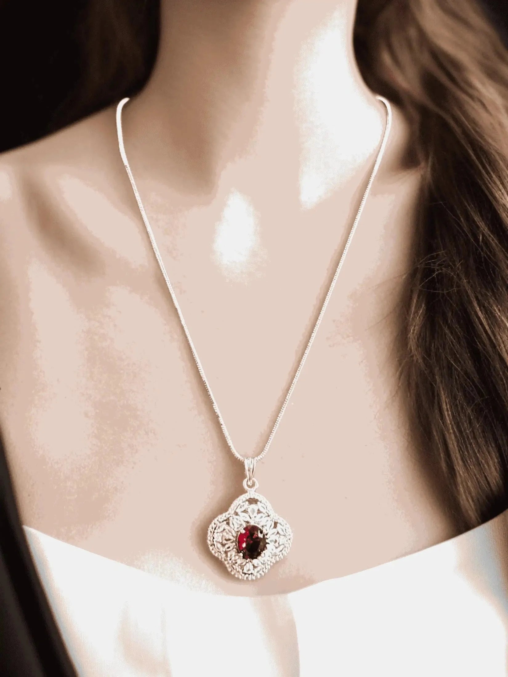 Elegant Silver Tone Ruby and Diamond Style Pendant Necklace & Earrings Set.
