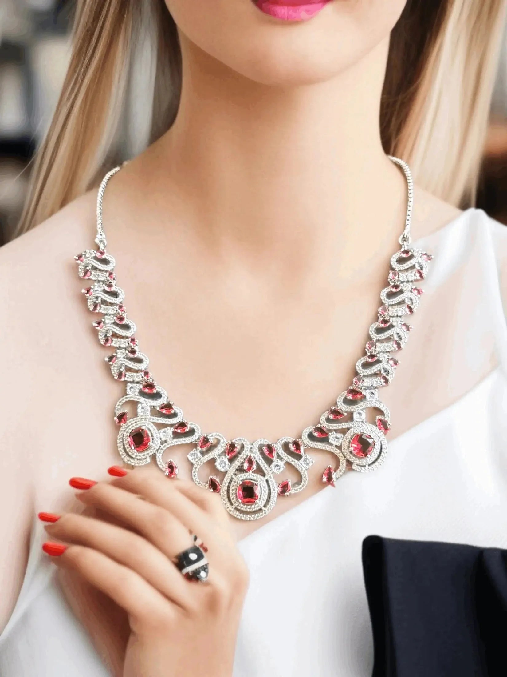 Ornate Crystal and Deep Red Stone Necklace Set