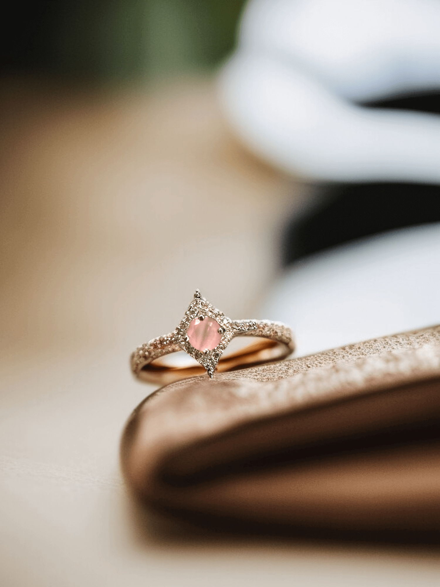 Delicate Kite-Shaped Pink Gemstone Ring with Diamond Accents.